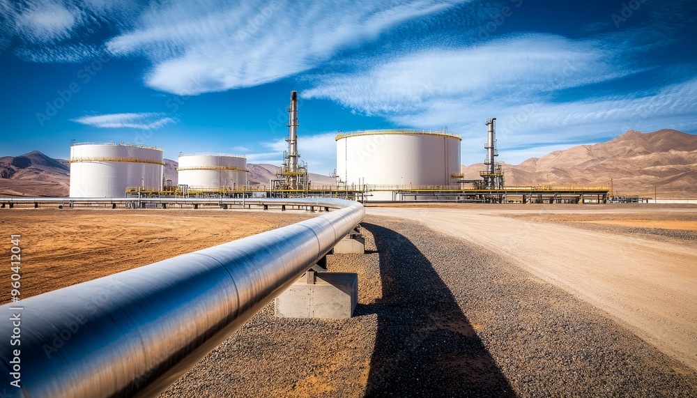 A modern industrial facility with large storage tanks and pipelines ...