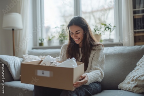 Happy woman unboxing parcel on sofa in cozy living room setting