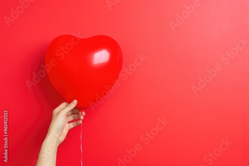 Female hand holding red heart shaped balloon on red background with copy space. Valentine's Day or Happy Birthday celebration concept.