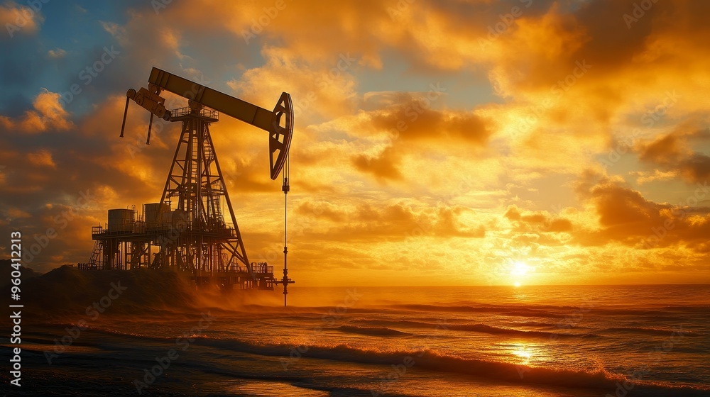 A silhouette of an oil pumpjack against a vibrant sunset over the ocean, symbolizing energy production and natural resources. A silhouette of an oil pumpjack against a vibrant sunset over the ocean, symbolizing energy production and natural resources.