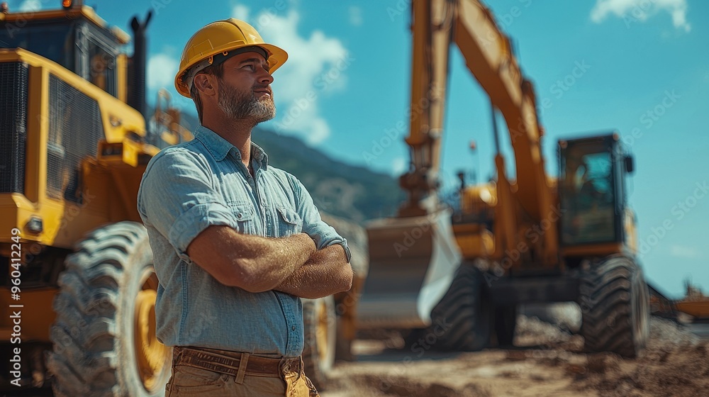 Collaboration between Engineer and Businessman on Construction Site with Heavy Machinery in Background Collaboration between Engineer and Businessman on Construction Site with Heavy Machinery in Background