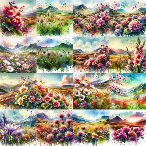 watercolor flowers and mountains drawing style floral background. AI generated illustration