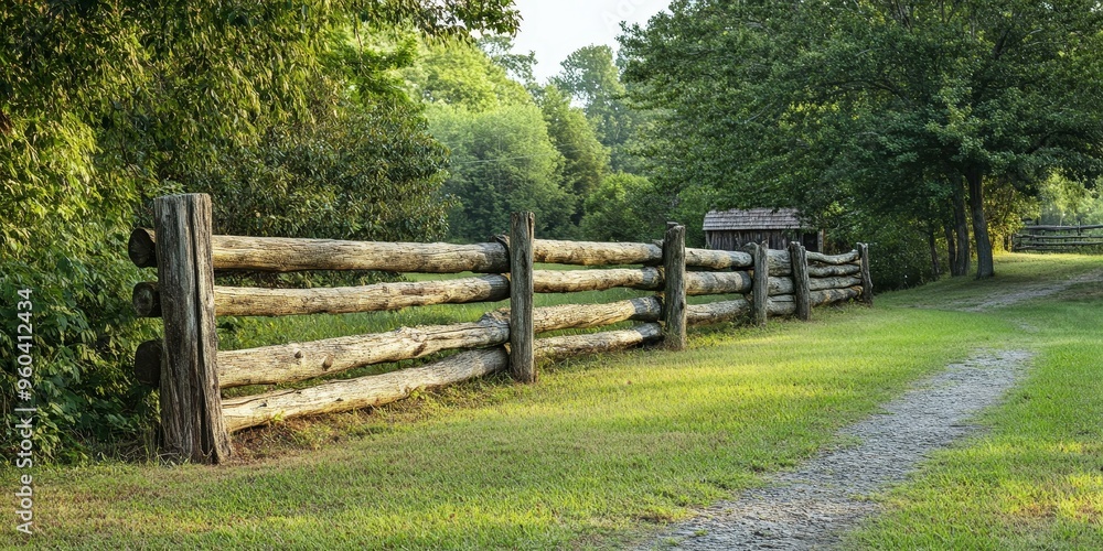 Wooden fence, green grass, path, trees, woods. Wooden fence, green grass, path, trees, woods.