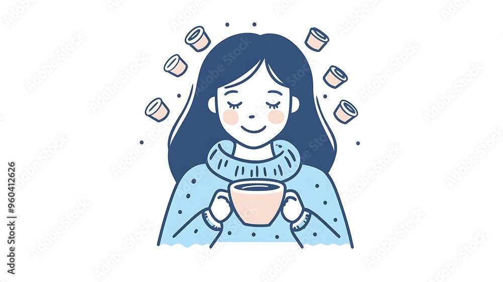 Cozy Coffee Break - Minimal Line Art Icon of Happy Woman Enjoying Coffee in Sweater with Cute Cups, Clipart Style on White Background Cozy Coffee Break - Minimal Line Art Icon of Happy Woman Enjoying Coffee in Sweater with Cute Cups, Clipart Style on White Background