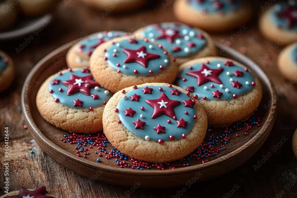 artfully arranged plate of starspangled cookies red white and blue icing designs sprinkles and edible glitter rustic wooden table backdrop artfully arranged plate of starspangled cookies red white and blue icing designs sprinkles and edible glitter rustic wooden table backdrop