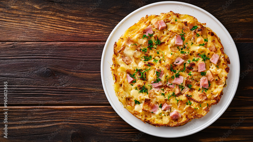 Top view of a white plate with omelette, ham, and cheese, garnished with fresh parsley, on a rustic wooden table Top view of a white plate with omelette, ham, and cheese, garnished with fresh parsley, on a rustic wooden table