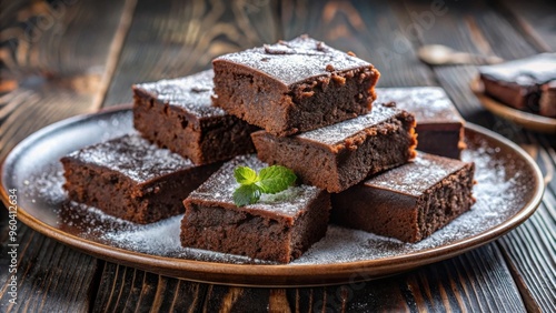 Delicious vegan dark chocolate brownies with powdered sugar on plate, low calorie baking photo