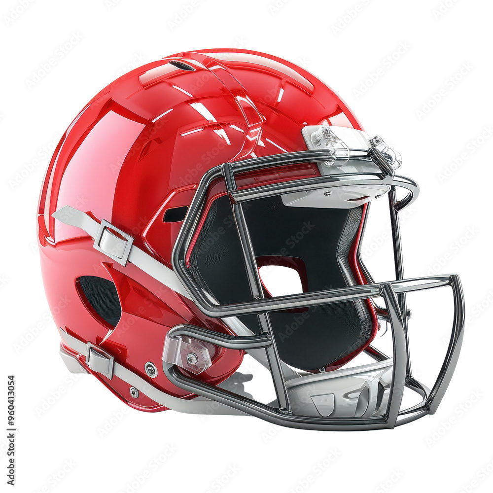 Fototapeta premium A vibrant red American football helmet showcasing modern design and safety features, ideal for sports themes.