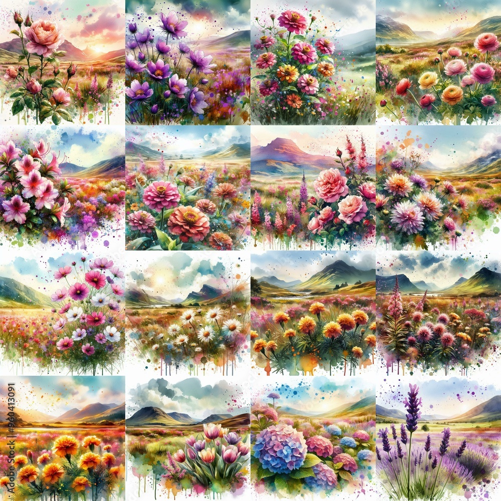 Fototapeta premium watercolor flowers and mountains drawing style floral background. AI generated illustration