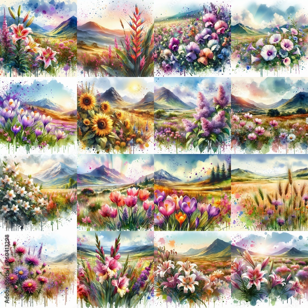 Fototapeta premium watercolor flowers and mountains drawing style floral background. AI generated illustration