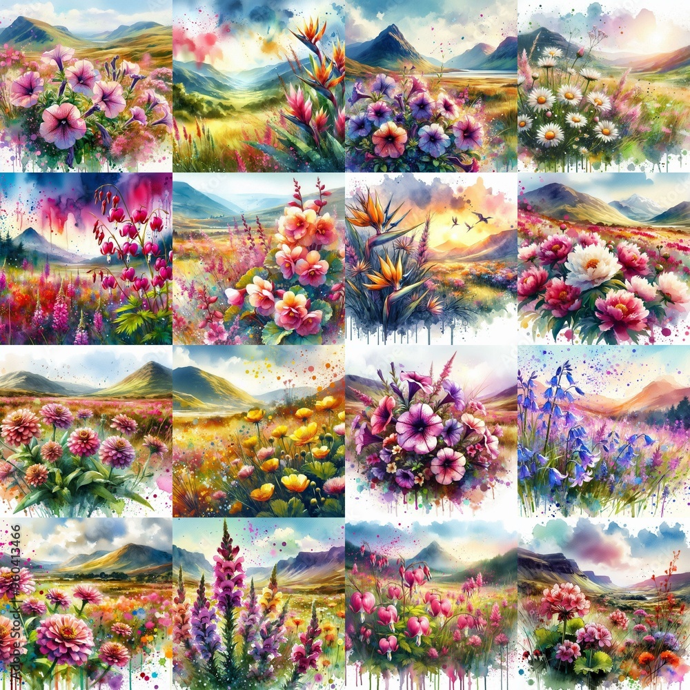 Fototapeta premium watercolor flowers and mountains drawing style floral background. AI generated illustration