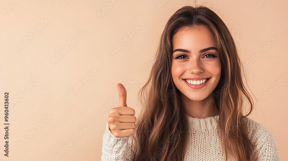 Positive Energy - Cheerful young woman showing thumbs-up gesture against a cozy beige backdrop with copyspace. Positive Energy - Cheerful young woman showing thumbs-up gesture against a cozy beige backdrop with copyspace.