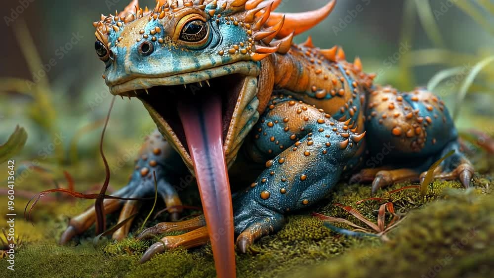 Vibrantly Colored Fantasy Lizard with Extended Tongue in a Mystical Forest Vibrantly Colored Fantasy Lizard with Extended Tongue in a Mystical Forest
