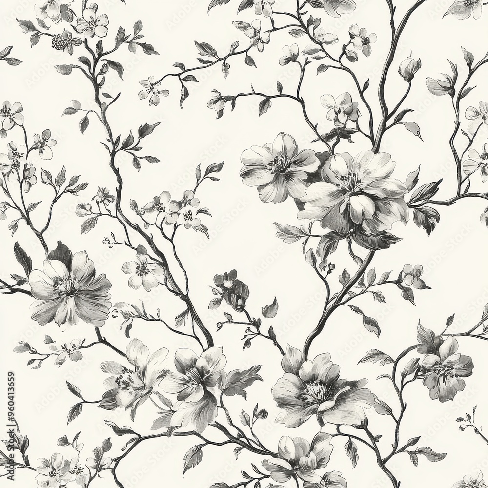 Pattern With Tender Flowers and Thin Branches. Floral Print. Indulge in timeless elegance with exquisite Floral Toile De Jouy Seamless Pattern. Pastel color, pastel tone Pattern With Tender Flowers and Thin Branches. Floral Print. Indulge in timeless elegance with exquisite Floral Toile De Jouy Seamless Pattern. Pastel color, pastel tone