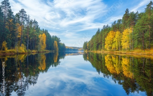 A serene lake surrounded by colorful autumn trees under a blue sky, reflecting nature's beauty.