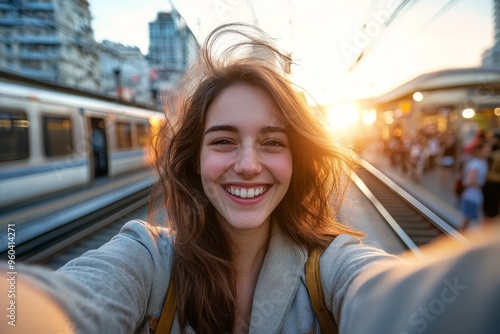 Joyful young woman taking a selfie at train station during golden hour