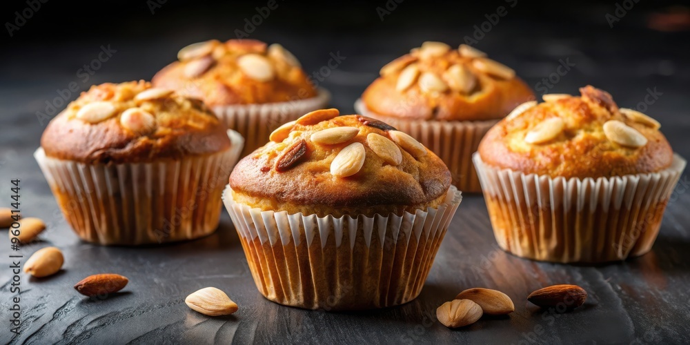 Delicious almond nut muffins on a dark background, perfect for bakery or dessert concepts Delicious almond nut muffins on a dark background, perfect for bakery or dessert concepts