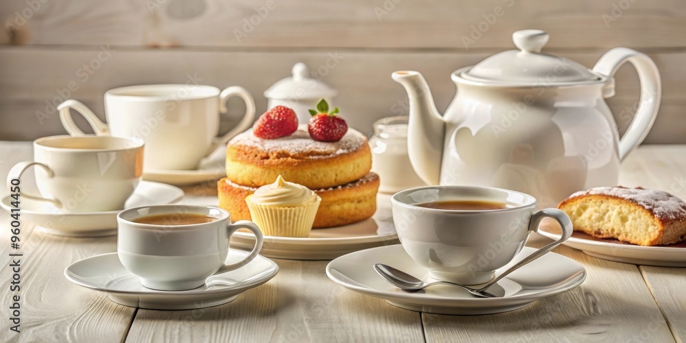 Breakfast setting with cakes on plates, a cup of tea, kettle, and milk jug Breakfast setting with cakes on plates, a cup of tea, kettle, and milk jug