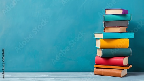 Colorful stack of books against a vibrant blue background, perfect for educational or artistic themes.