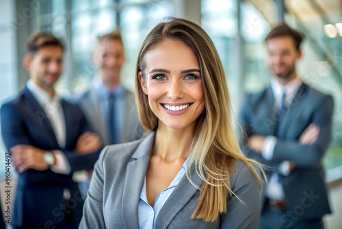 Happy young female team leader or executive manager smiling and looking at camera