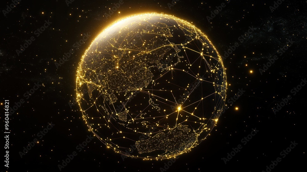 Obraz premium Generative AI illustration of glowing planet with yellow network connecting cities on black background