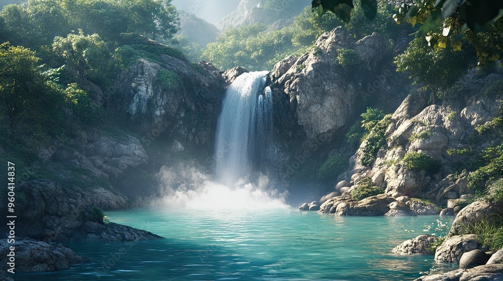 A majestic waterfall cascading down a steep cliff into a pristine pool below, surrounded by lush greenery. A majestic waterfall cascading down a steep cliff into a pristine pool below, surrounded by lush greenery.