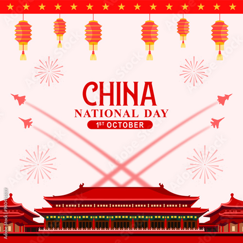 National Day of the People's Republic of China Vector Illustration for October 1st featuring a popular landmarks and Asian Elements in a Flat Red Background