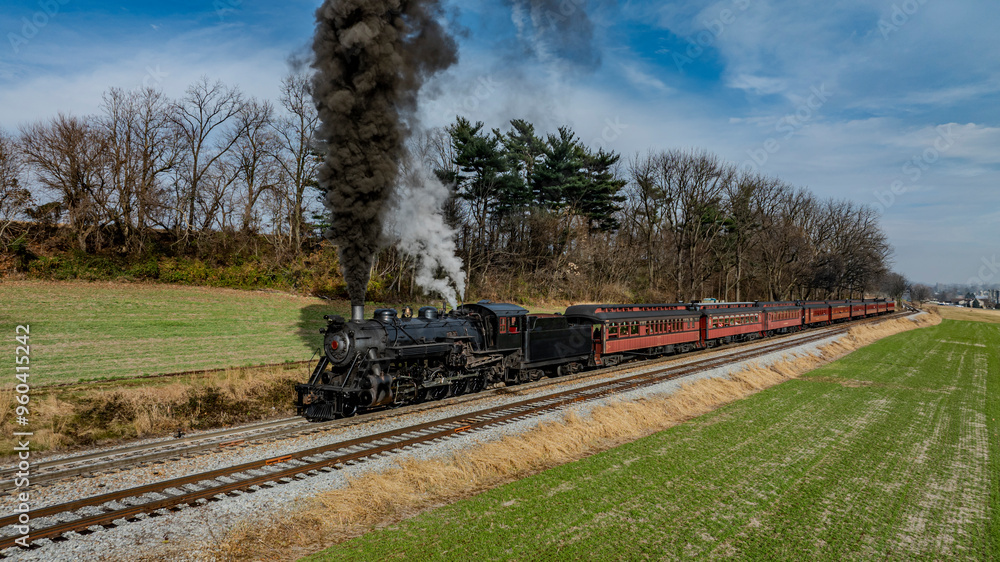 Obraz premium A vintage steam locomotive puffs black smoke as it chugs along railway tracks, bordered by lush green fields and trees under a clear blue sky. Passengers enjoy the scenic ride.