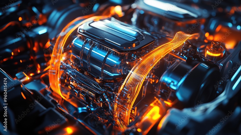 Advanced Car Engine with Illuminated Wires and Detailed Components Advanced Car Engine with Illuminated Wires and Detailed Components