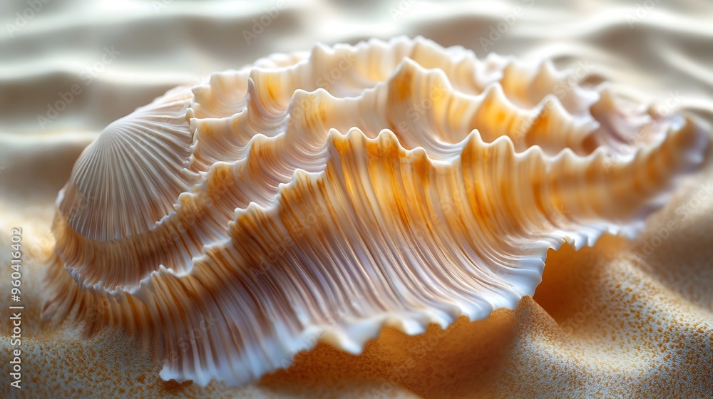 Macro Shot of Exquisite Seashell with Intricate Ridges on Sandy Beach - Hyper-Realistic Nature Close-Up View Macro Shot of Exquisite Seashell with Intricate Ridges on Sandy Beach - Hyper-Realistic Nature Close-Up View