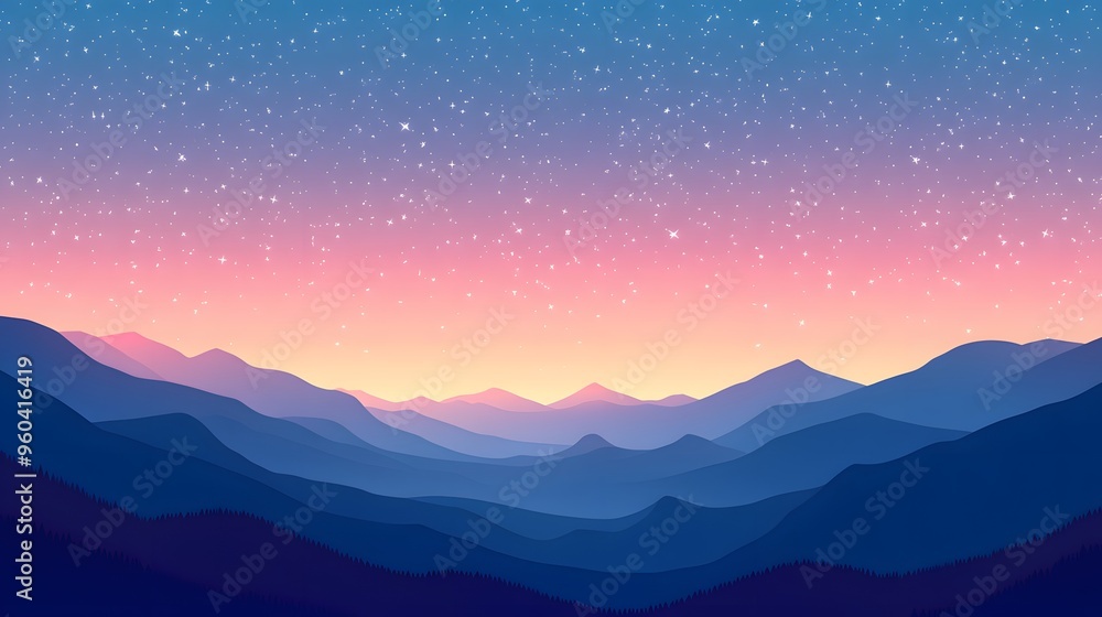 A simple flat illustration of a starry sky, with a pink and blue gradient background and mountains in the distance A simple flat illustration of a starry sky, with a pink and blue gradient background and mountains in the distance