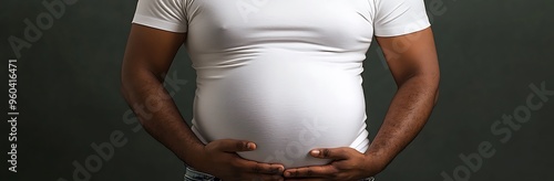 Close-up of Overweight Man Showing Bare Belly in White T-shirt