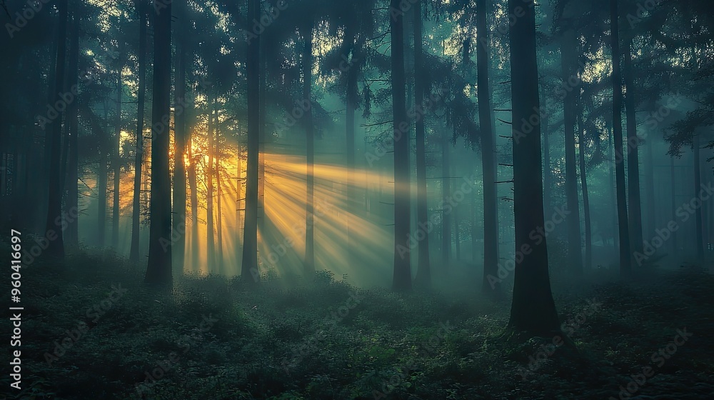 Naklejka premium A misty forest at dawn with rays of sunlight piercing through the trees, creating a mystical atmosphere.