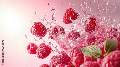 Fresh raspberry fruit with juice splash