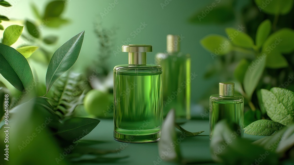 green product background for sustainable beauty, perfume and fashion items, created with generative AI technology green product background for sustainable beauty, perfume and fashion items, created with generative AI technology