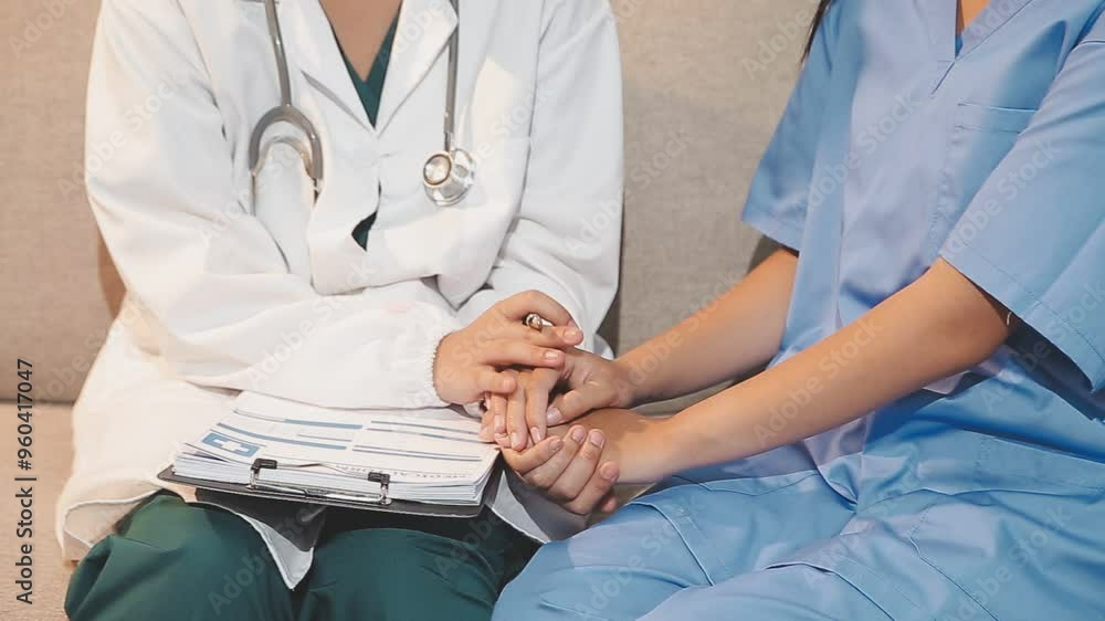 The doctor held hands to give encouragement and confidence to patients women are stressed from their illness, to health care and insurance concept. The doctor held hands to give encouragement and confidence to patients women are stressed from their illness, to health care and insurance concept.