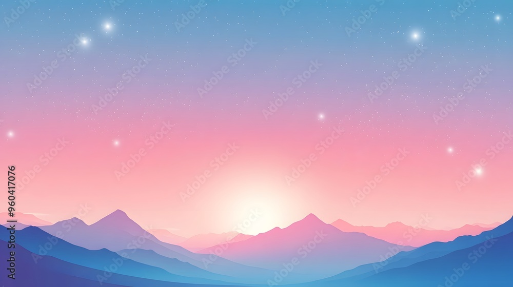 A simple flat illustration of a starry sky, with a pink and blue gradient background and mountains in the distance A simple flat illustration of a starry sky, with a pink and blue gradient background and mountains in the distance