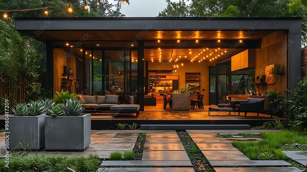 Obraz premium Urban chic outdoor space featuring sleek black pavers, minimalist industrial-style furniture, large concrete planters with succulents, string lights hanging above,