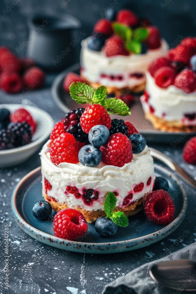 Delicious cheese cake with raspberry fruit on table Delicious cheese cake with raspberry fruit on table