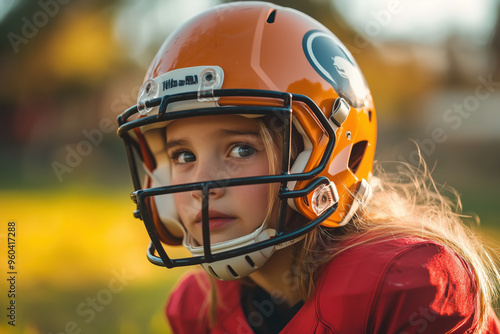 young girl wearing a football uniform and football helmet, playing football