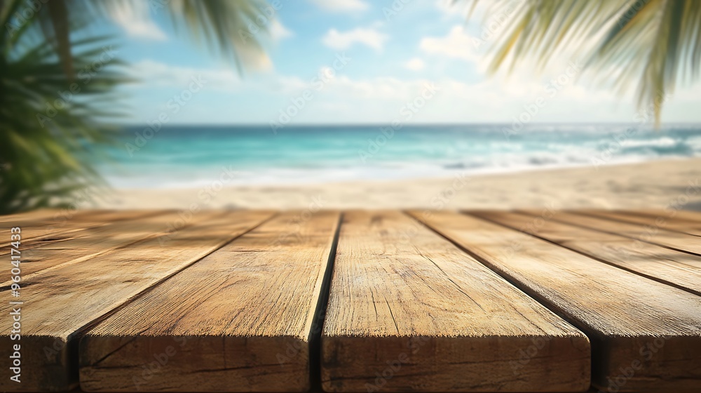 Serene Summer Vibes - Close-Up 3D Rendering of Wooden Table with Blurred Beach and Sea Background Serene Summer Vibes - Close-Up 3D Rendering of Wooden Table with Blurred Beach and Sea Background