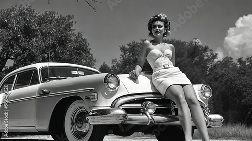 Stylish Woman in Vintage Dress Posing on a Classic Car in a Black and White Retro Scene