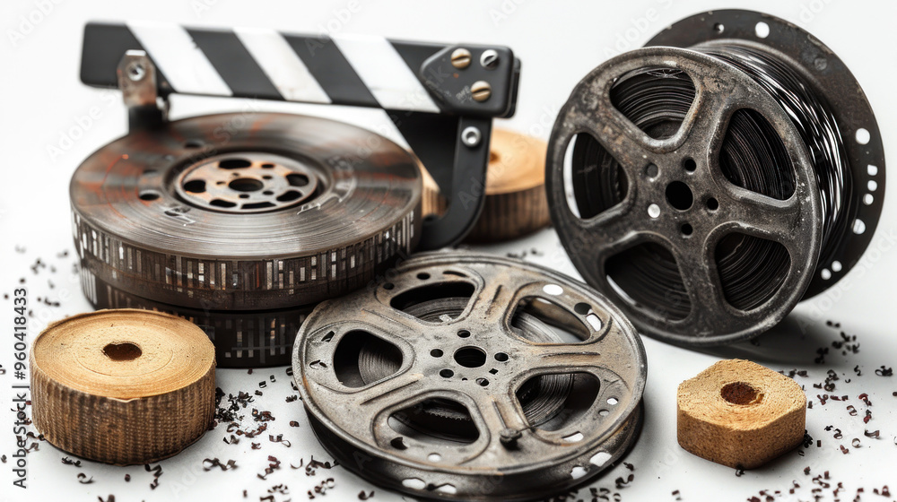 Obraz premium An artistic arrangement of vintage film reels and a clapperboard on a clean surface, evoking nostalgia for classic cinema. Generative AI