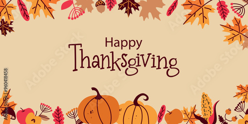 Happy thanksgiving day with autumn leaves, pumpkins, berries, mushrooms. Hand drawn text lettering for Thanksgiving Day. Vector illustration. Thanksgiving greetings card, shirt, banner, poster.