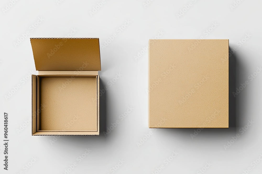 A mockup of two cardboard boxes, one closed and the other open A mockup of two cardboard boxes, one closed and the other open