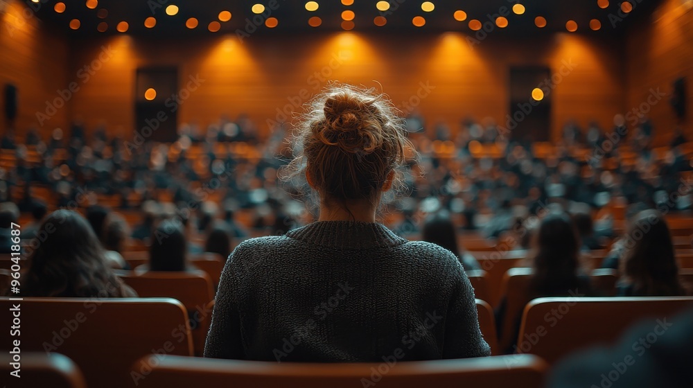 Engaged Business Professionals Attending Investment Seminar, Rear View with Focus on Audience Listening Intently Engaged Business Professionals Attending Investment Seminar, Rear View with Focus on Audience Listening Intently
