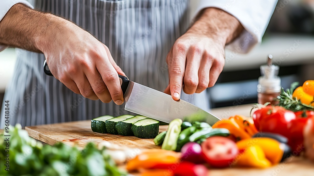 Professional chef preparing vegetables in kitchen, close-up of hands holding knife with apron Professional chef preparing vegetables in kitchen, close-up of hands holding knife with apron