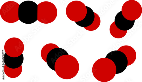 Drawing of carbon dioxide in different angle orientation, CO2 molecule model for greenhouse gas, chemistry, science, education, simulation, environment, carbon footprint, quantum chemistry, industry