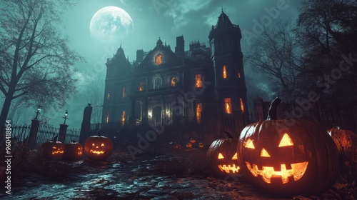 halloween scene horror background with creepy pumpkins of spooky halloween haunted mansion Evil houseat night with full moon |. Generative AI photo