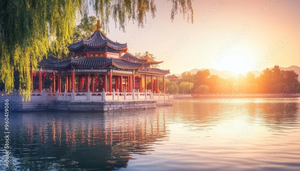 Naklejka premium A serene sunset view of a traditional pavilion by a calm lake, surrounded by lush greenery and soft reflections.